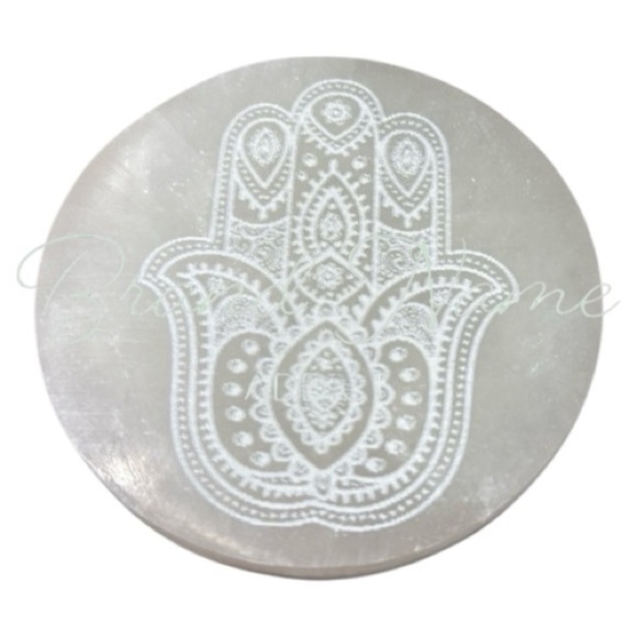Selenite Jewelry - Selenite Satin Spar Hamsa Coaster Charging Decor Plate